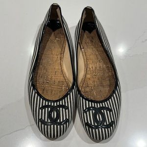 Chanel Black & White Stripe Canvas CC Logo Ballet Flats